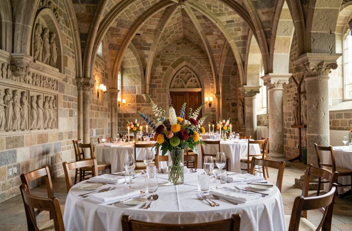 Salle de restaurant gastronomique installée dans la chapelle médiévale du Château Saint-Jean à Montluçon avec table dressée et arches en pierre