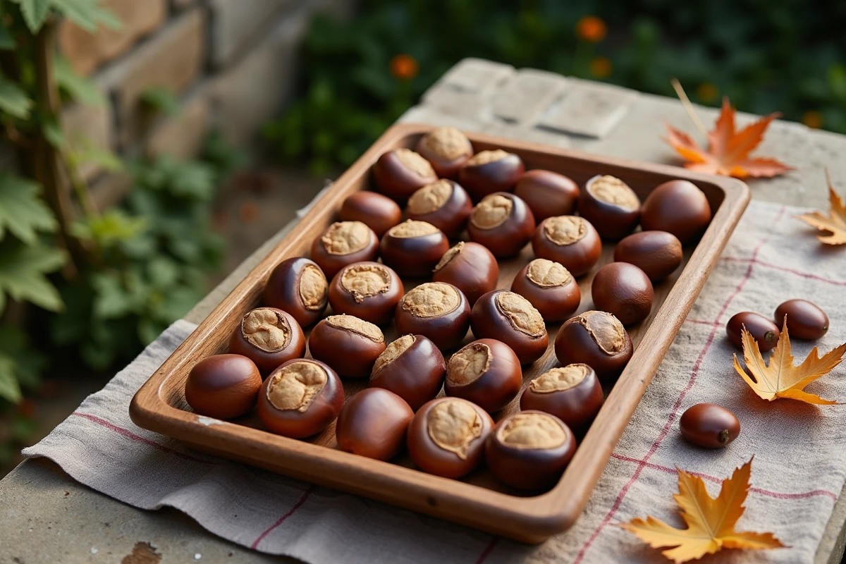 Plateau en bois avec des châtaignes épluchées et leurs écorces sur une nappe à carreaux dans un jardin en automne