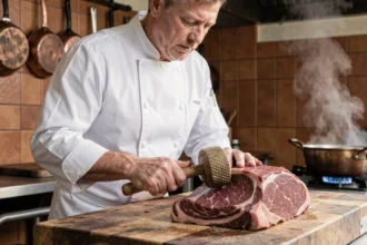 Chef professionnel attendrissant un rôti de bœuf cru sur un billot en bois avec un maillet à viande dans une cuisine rustique