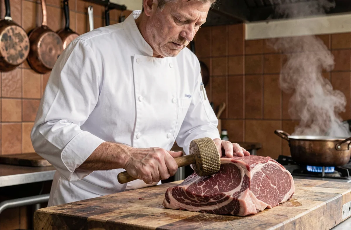 Chef professionnel attendrissant un rôti de bœuf cru sur un billot en bois avec un maillet à viande dans une cuisine rustique