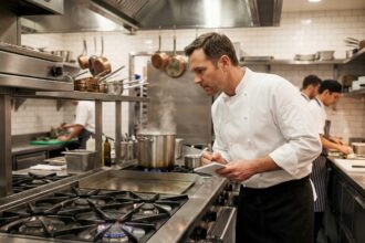 Chef professionnel inspectant une cuisinière commerciale en inox dans une cuisine de restaurant équipée