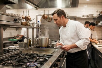 Chef professionnel inspectant une cuisinière commerciale en inox dans une cuisine de restaurant équipée