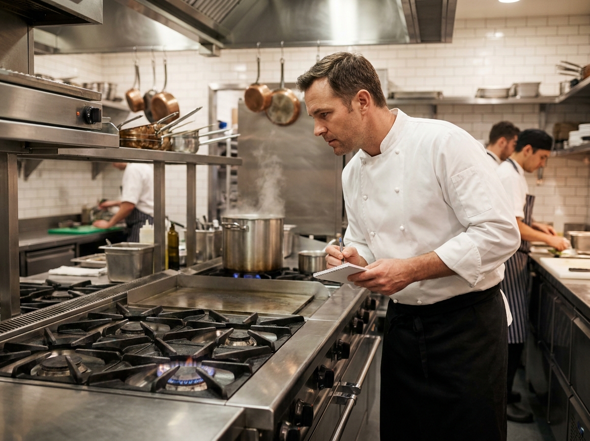 Chef professionnel inspectant une cuisinière commerciale en inox dans une cuisine de restaurant équipée
