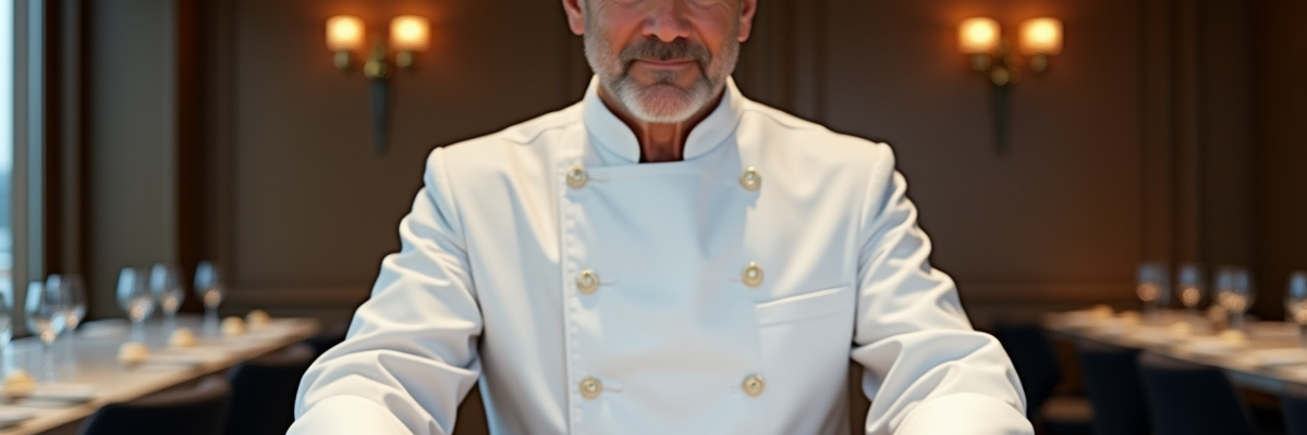 Chef en veste blanche présentant un plat sophistiqué