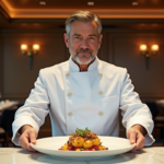 Chef en veste blanche présentant un plat sophistiqué
