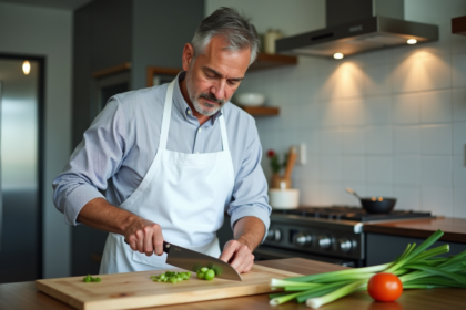 Chef homme tranche des oignons verts dans une cuisine moderne