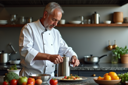 Chef en cuisine moderne préparant un plat avec siphon