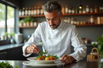 Chef en uniforme blanc arrangeant des herbes fraîches sur une assiette