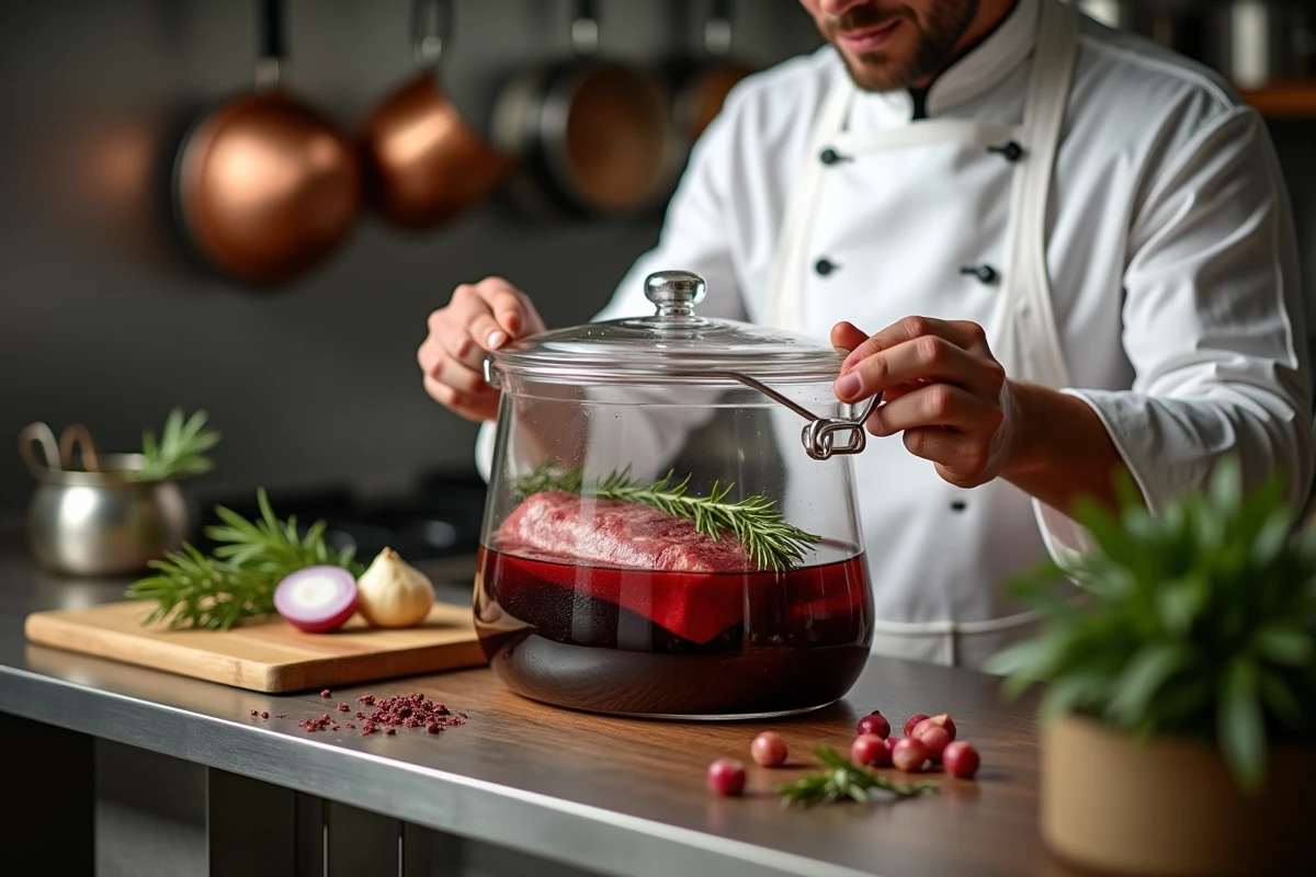 Chef cuisinier plongeant un filet de chevreuil dans une marinade au vin rouge avec genièvre et romarin en cuisine professionnelle