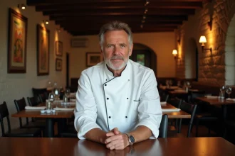 Chef français en veste blanche dans un restaurant rustique
