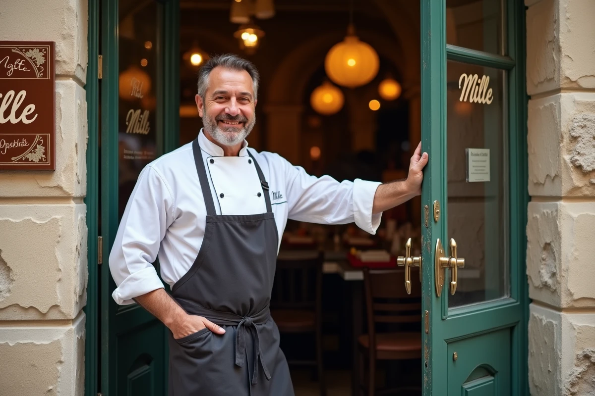 Chef en blanc devant le restaurant Mille accueillant