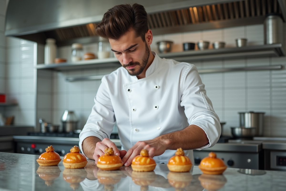 Jeune chef arrangeant des desserts trompe-l