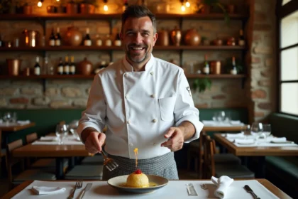Chef en cuisine avec quenelle de brochet dans un bouchon lyonnais