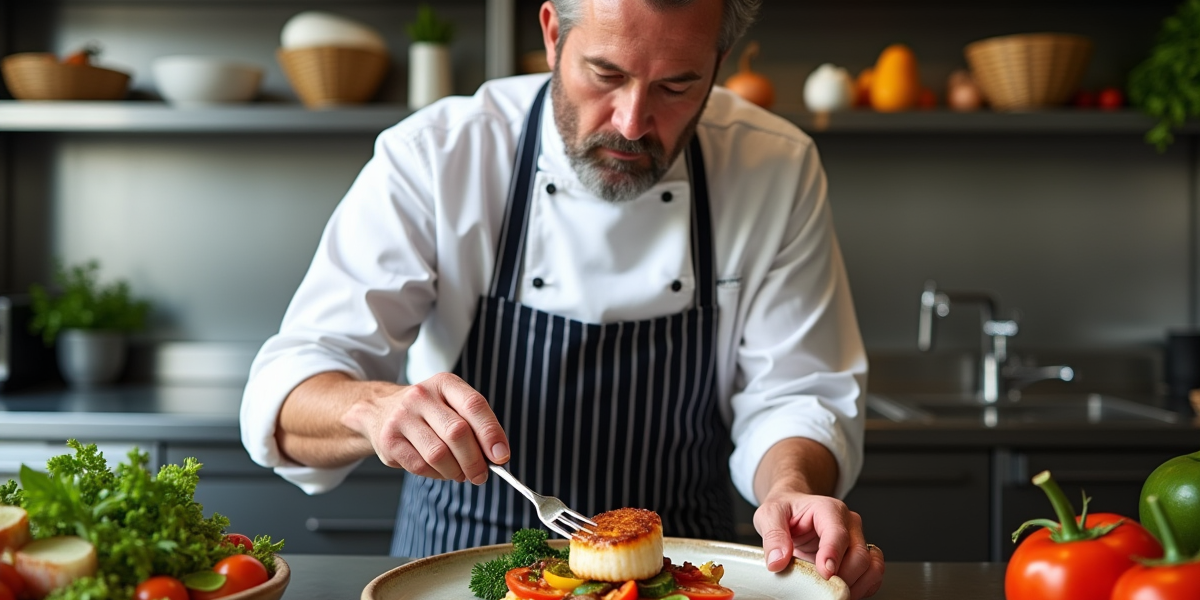 Chef en cuisine préparant des SaintJacques sur une assiette rustique