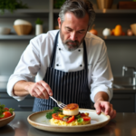 Chef en cuisine préparant des SaintJacques sur une assiette rustique