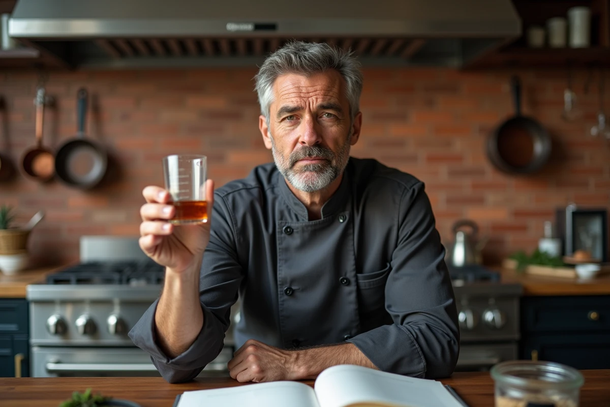 Chef masculin en veste grise vérifiant les graduations d'un verre doseur dans une cuisine professionnelle pour éviter les erreurs de conversion