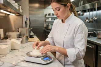 Cheffe professionnelle pesant de la farine sur une balance numérique de précision dans une cuisine de restaurant
