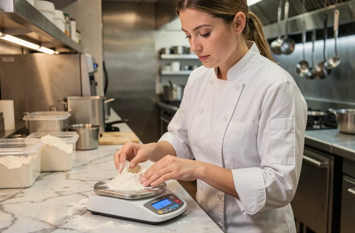 Cheffe professionnelle pesant de la farine sur une balance numérique de précision dans une cuisine de restaurant