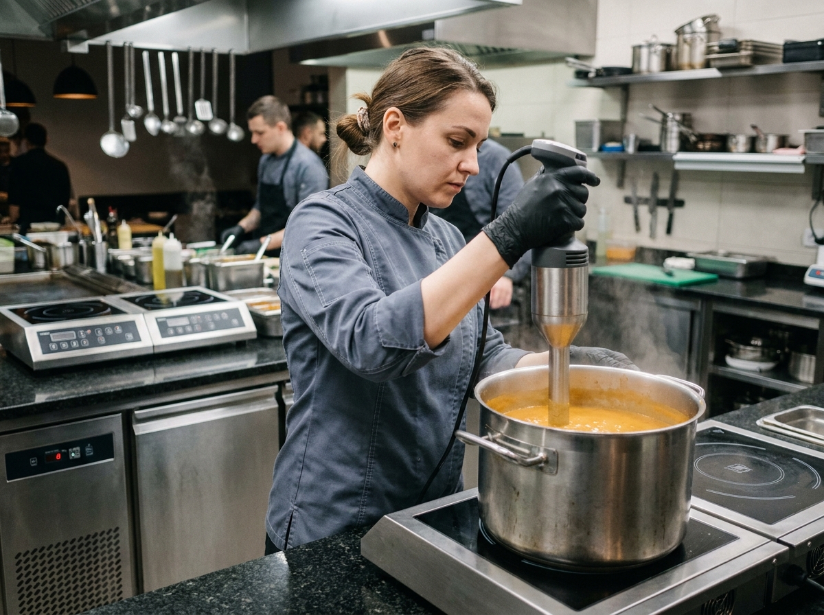 Cheffe cuisinière utilisant un mixeur plongeant professionnel sur des plaques à induction dans une cuisine de restaurant moderne