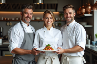 Trois chefs souriants dans une cuisine moderne avec plat gourmet