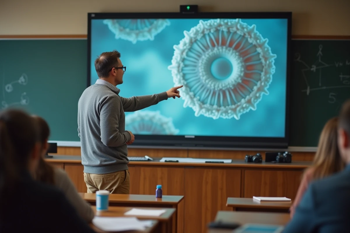 Chercheur pointant un diagramme sur un écran en salle de cours