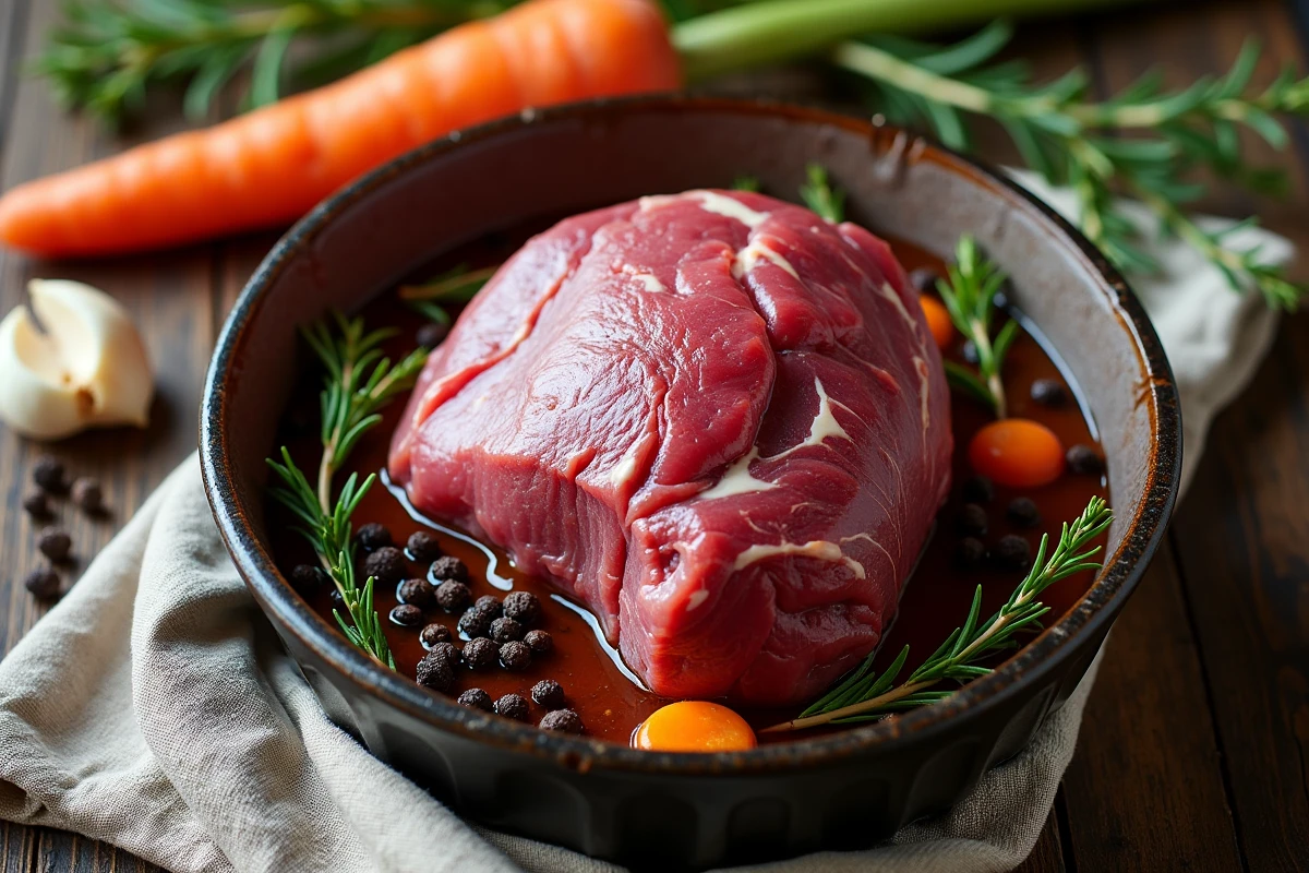 Cuisse de chevreuil crue marinant dans un plat en céramique avec herbes, carottes et épices sur une table en chêne rustique