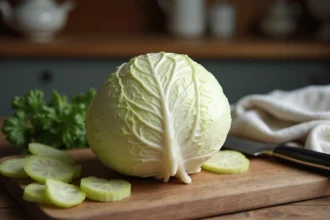 Chou blanc entier sur une planche à découper en bois dans une cuisine rustique avec un couteau de chef