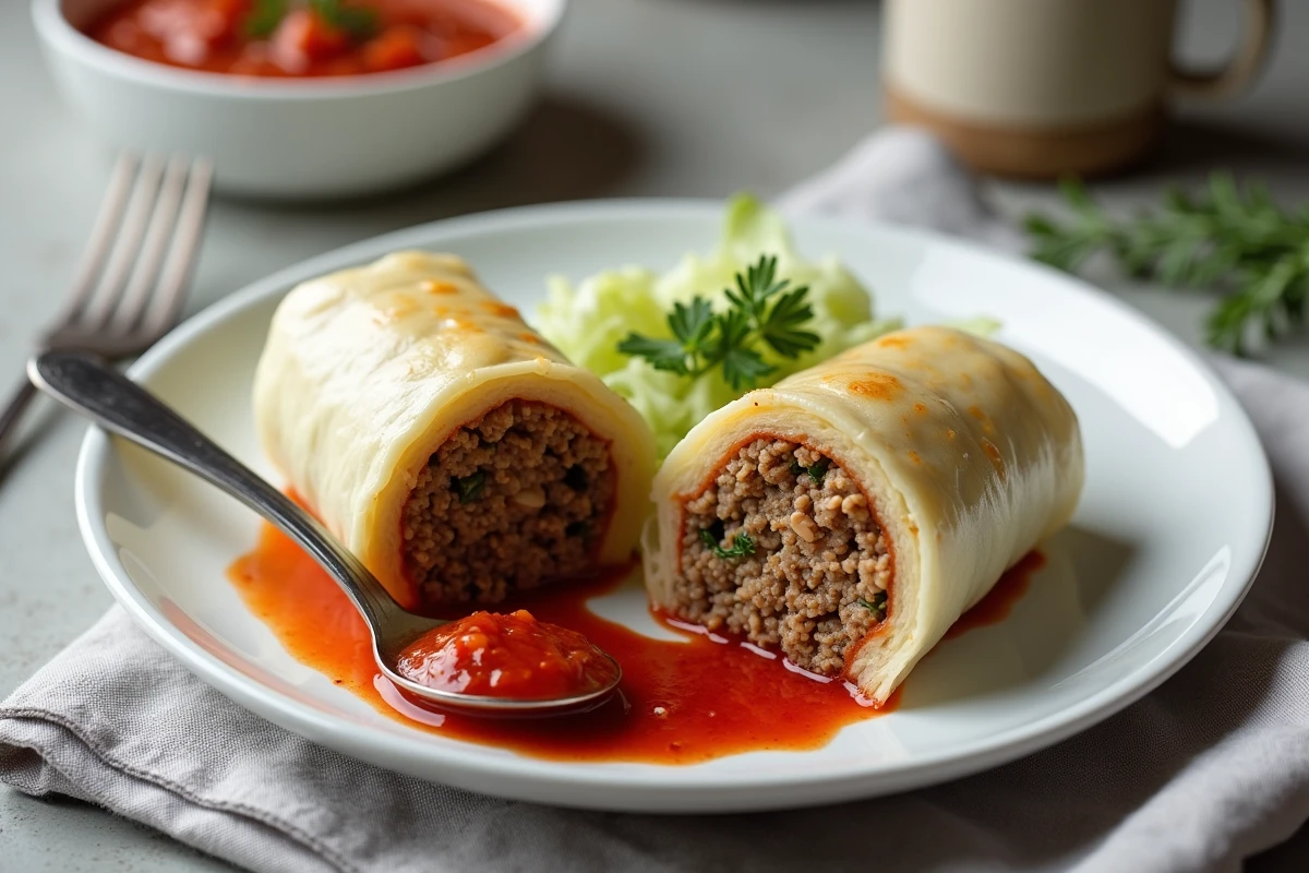 Chou farci coupé en deux sur une assiette blanche avec sauce tomate, révélant la farce à la viande et au riz