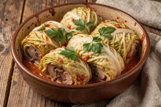 Chou farci au porc et au bœuf servi dans une cocotte en céramique rustique sur une table en bois