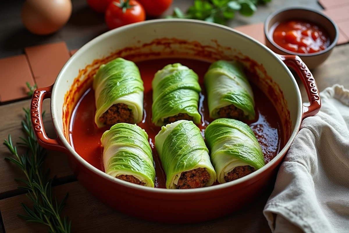 Choux farcis disposés dans un plat en céramique rustique prêts à cuire au four, vus de dessus
