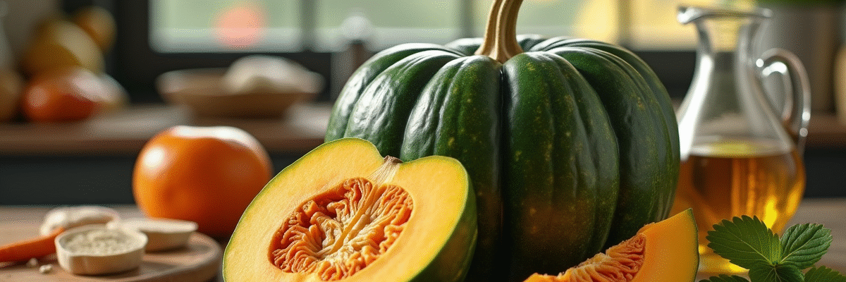 Citrouille verte coupée sur une table en bois avec ingrédients