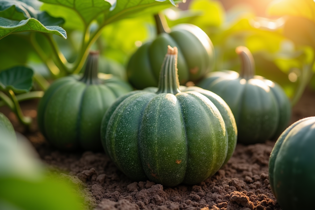 Citrouilles vertes fraîchement récoltées dans un jardin en matinée
