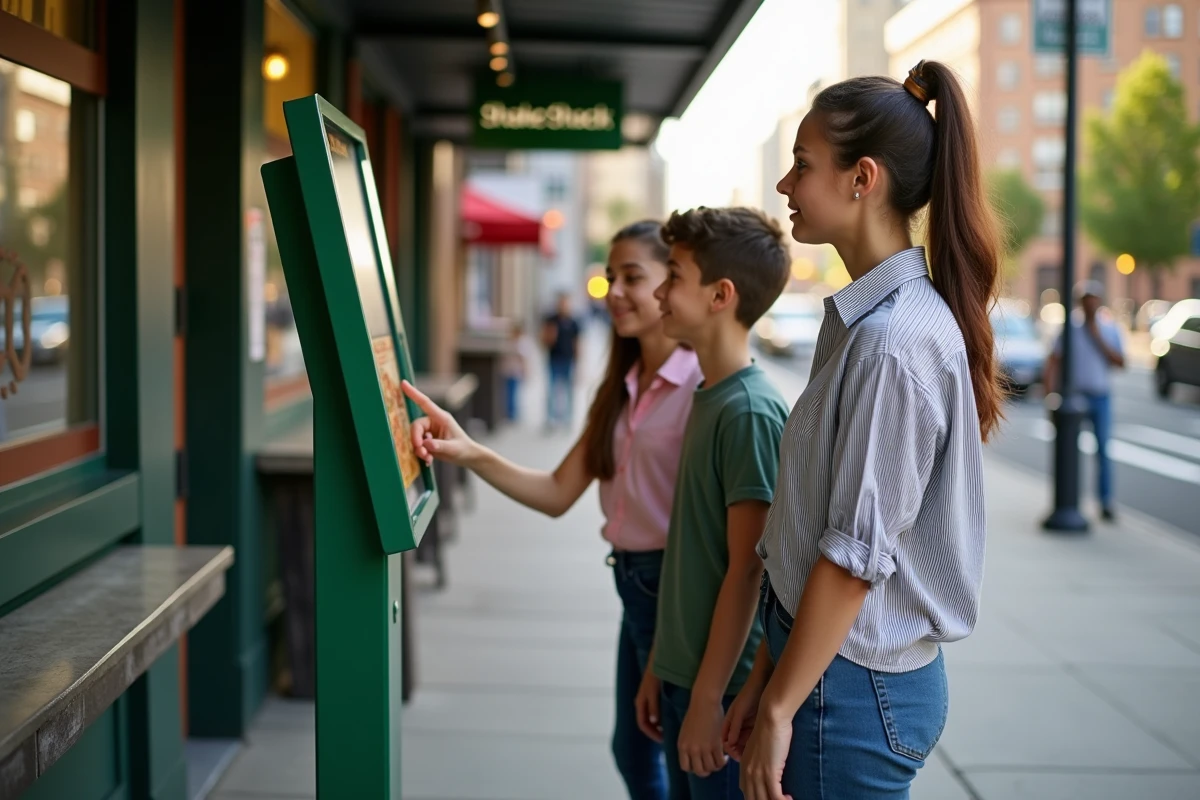 Mère et enfants en train de commander au kiosque Shake Shack en extérieur, ville en arrière-plan