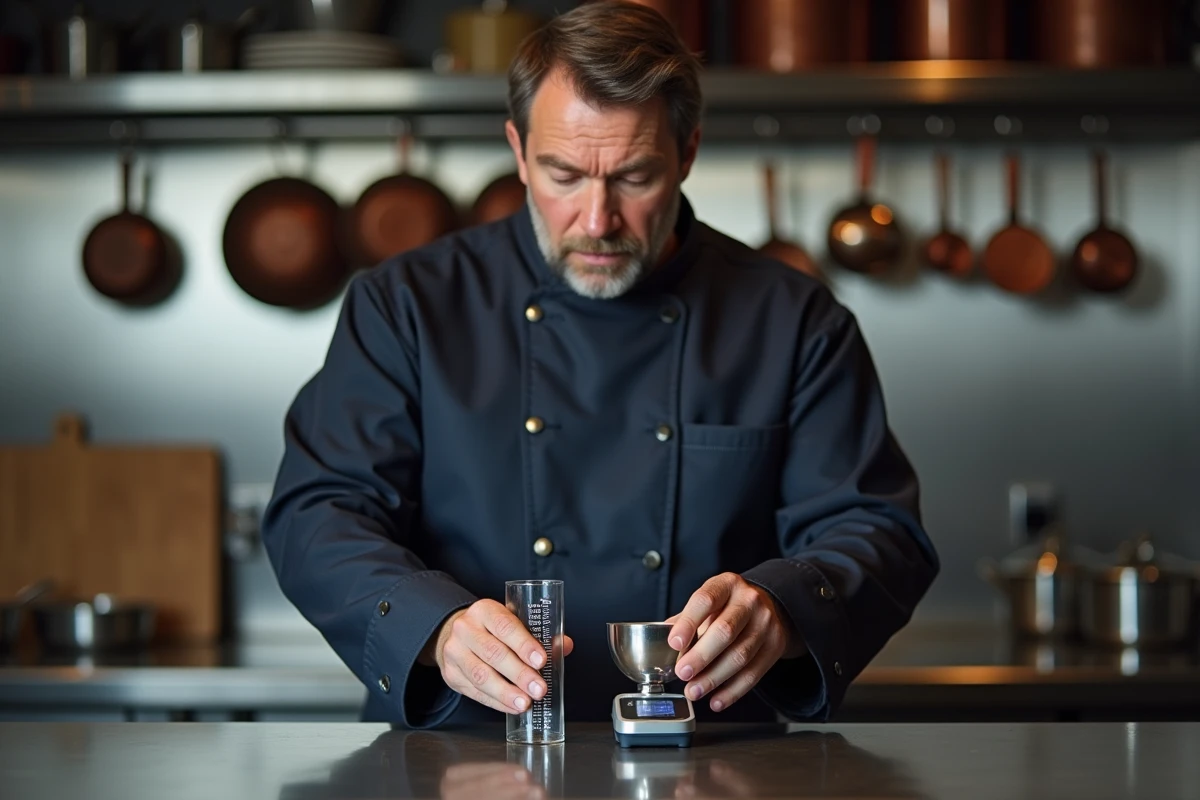 Chef comparant un cylindre gradué en centilitres et une balance numérique en grammes dans une cuisine professionnelle