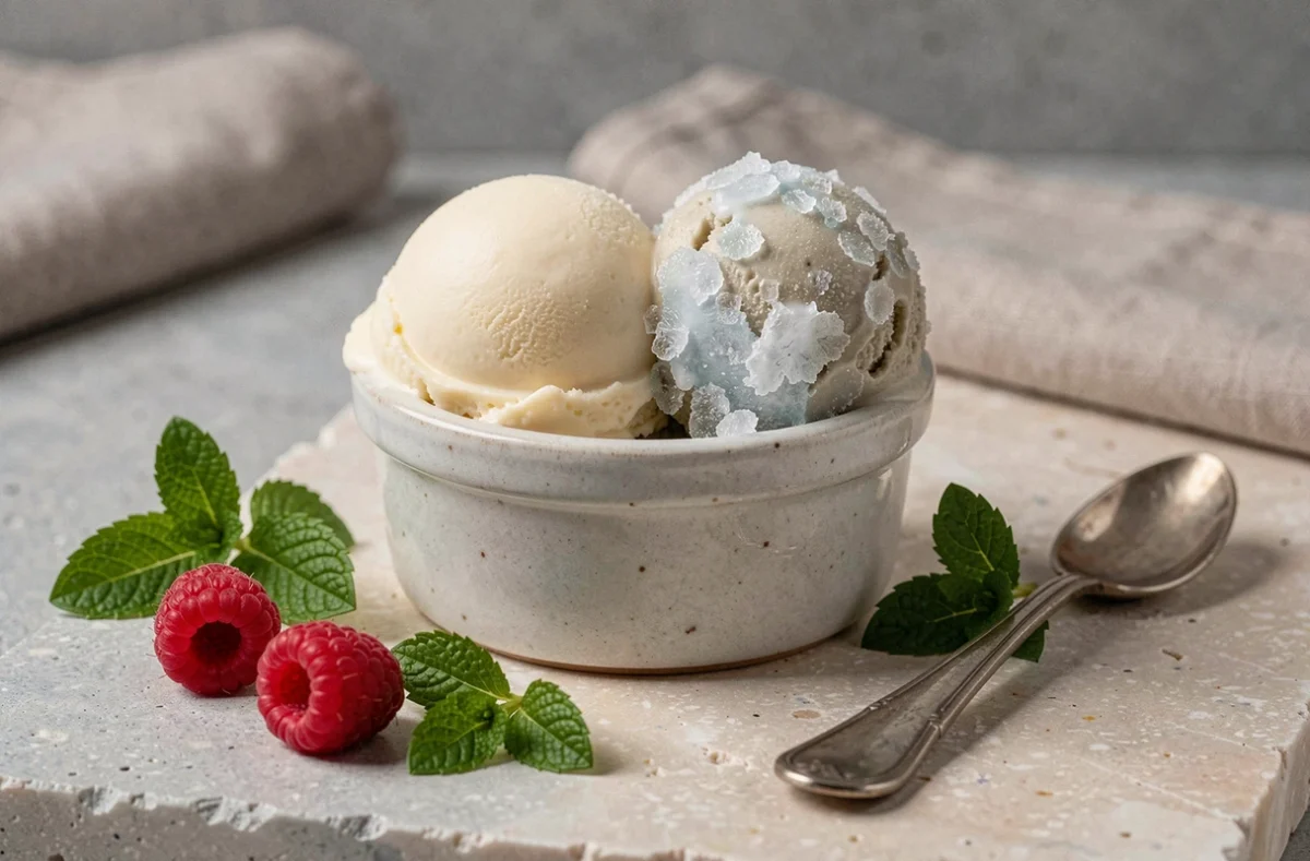 Deux boules de glace maison dans un ramequin montrant la différence de texture entre une glace réussie et une glace cristallisée