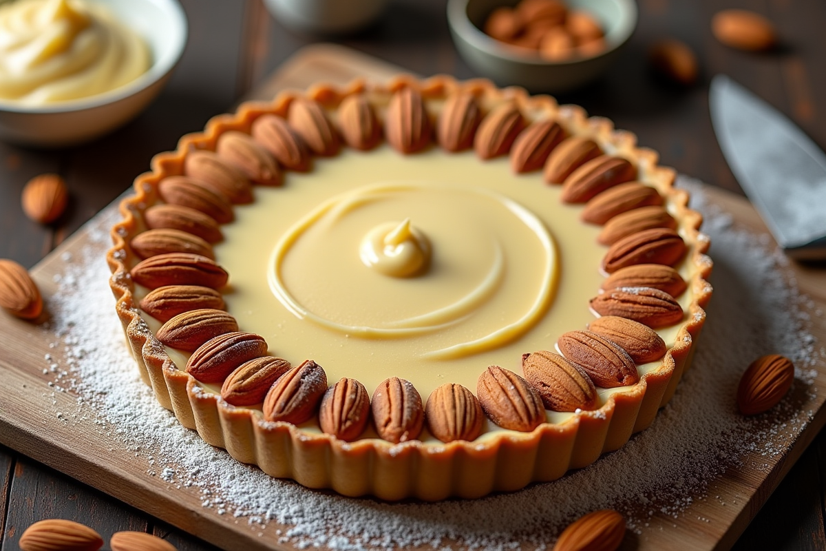 Ingrédients et outils pour la tarte aux amandes sur une table en bois