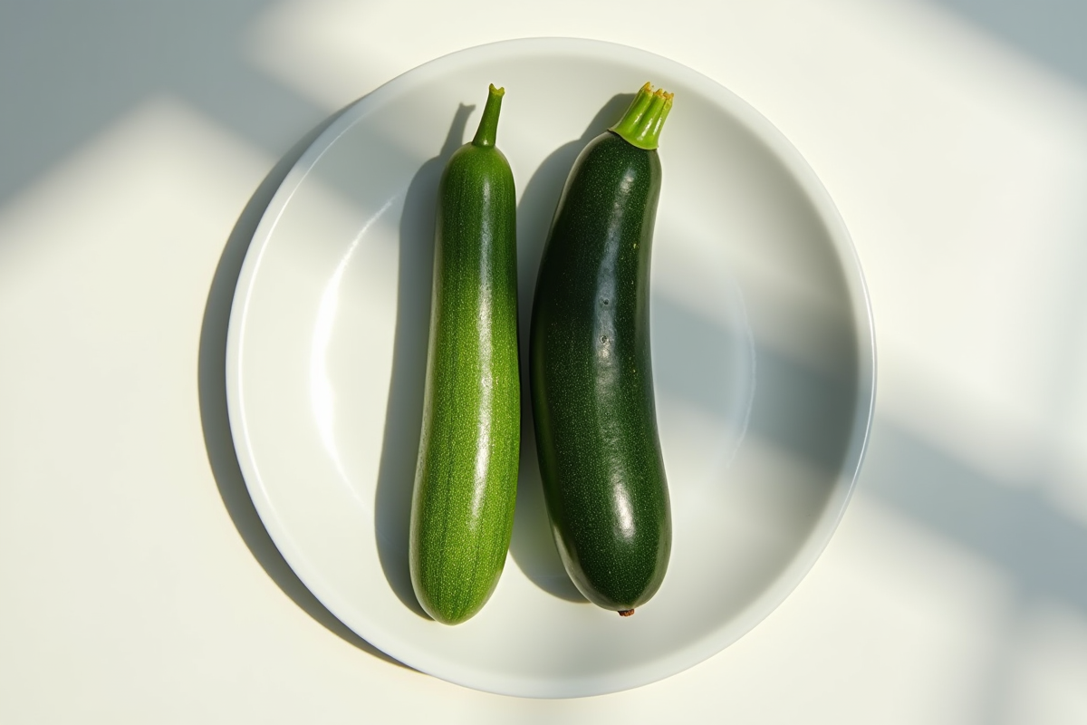 Concombre et zucchini entiers sur une assiette blanche