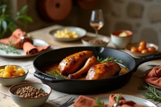 Table rustique française avec confit de canard et accompagnements sans gluten, photographiée en vue de dessus dans une cuisine provençale en pierre