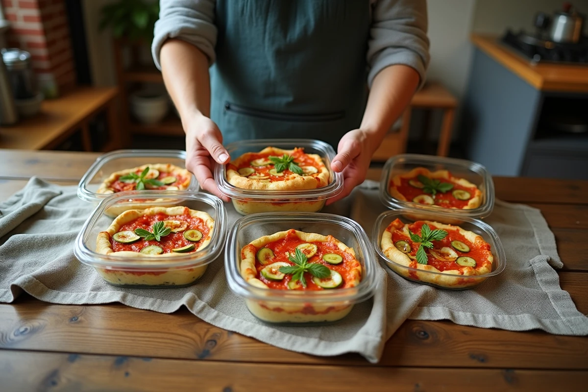 Conteneurs de pizzas de courgette prêtes à emporter sur une table