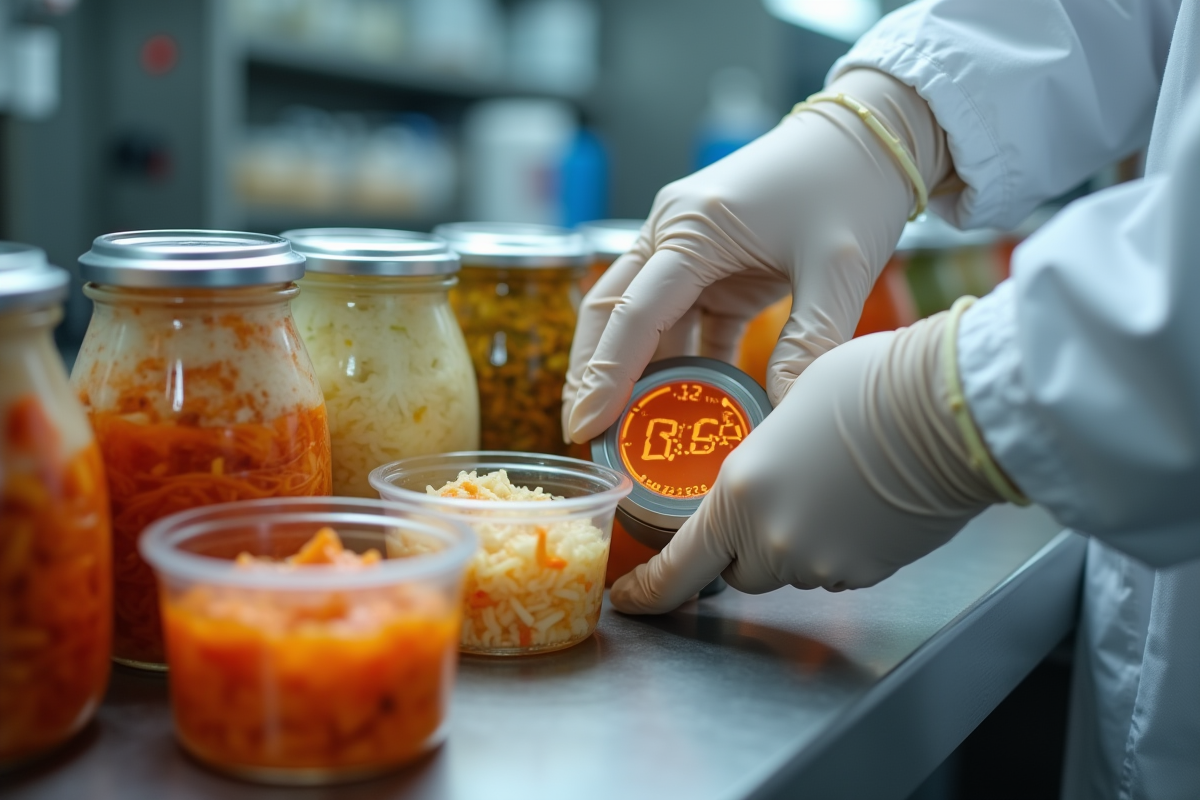 Mains en gants vérifiant un minuteur avec aliments fermentes