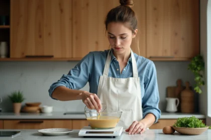 Femme en tablier blanc versant un liquide dans une balance de cuisine numérique pour convertir des centilitres en grammes