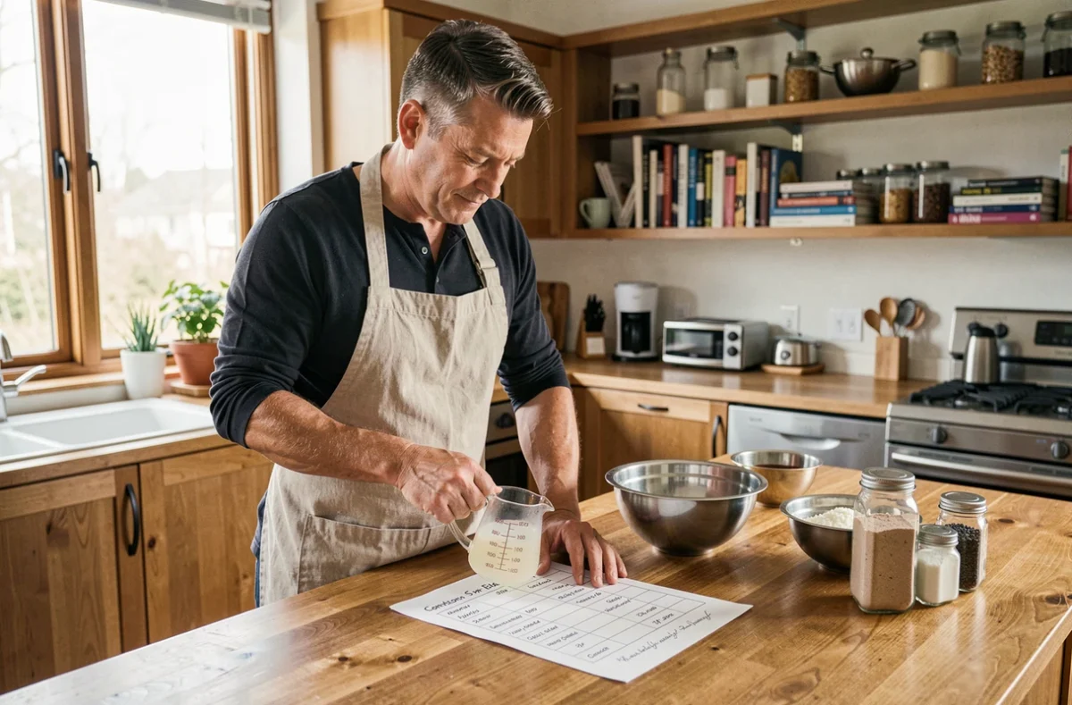 Homme en tablier consultant une fiche de conversion grammes-centilitres dans une cuisine familiale moderne