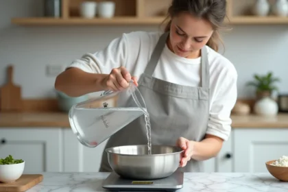 Femme versant un litre d'eau dans une balance de cuisine pour convertir les litres en kilogrammes