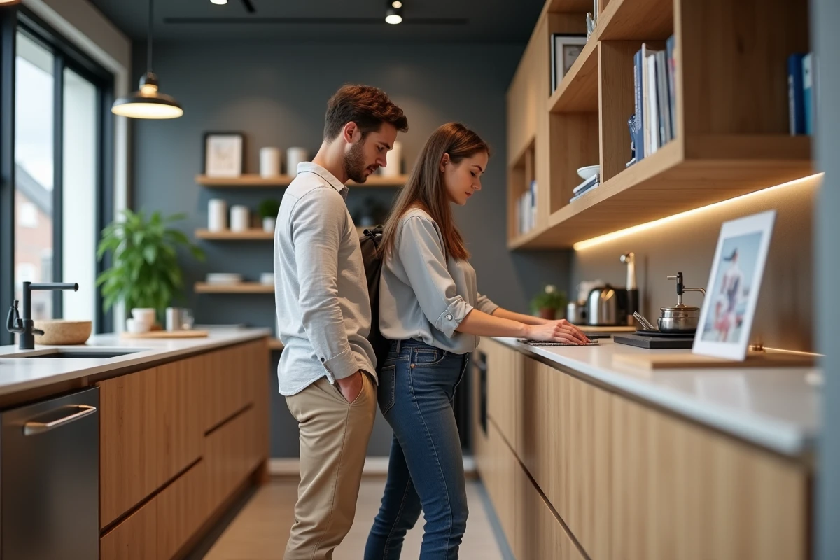 Jeune couple examine tiroirs dans cuisine showroom