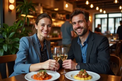 Couple souriant dégustant un repas parisien convivial
