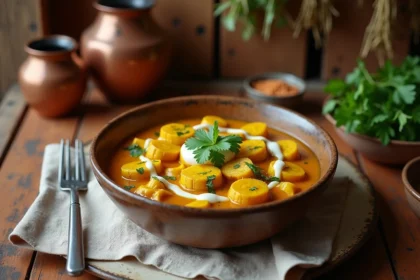 Bol de courge longue de Nice au curry de coco servi dans un bol en céramique rustique avec coriandre fraîche et crème de coco