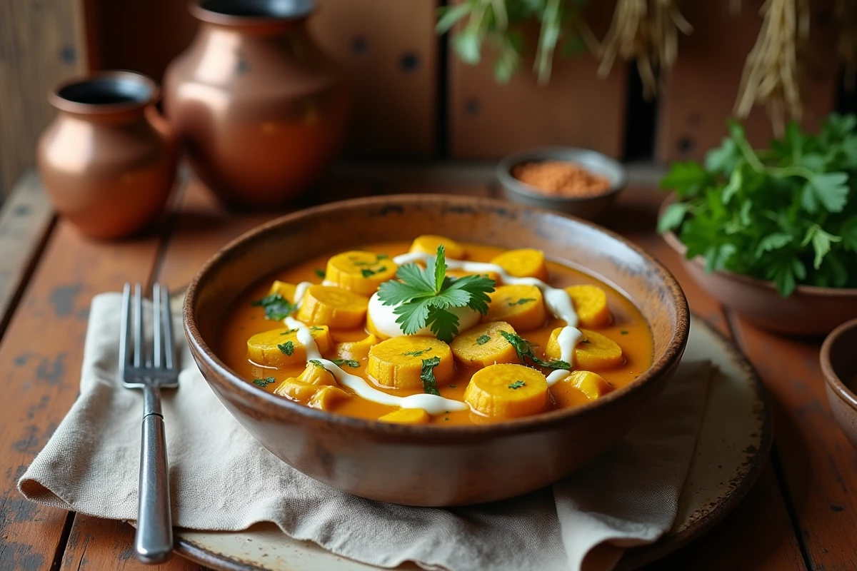 Bol de courge longue de Nice au curry de coco servi dans un bol en céramique rustique avec coriandre fraîche et crème de coco