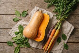 Courges butternut, carottes et épinards frais disposés en flat-lay sur une table en bois rustique pour illustrer une alimentation automnale bénéfique pour la rétine