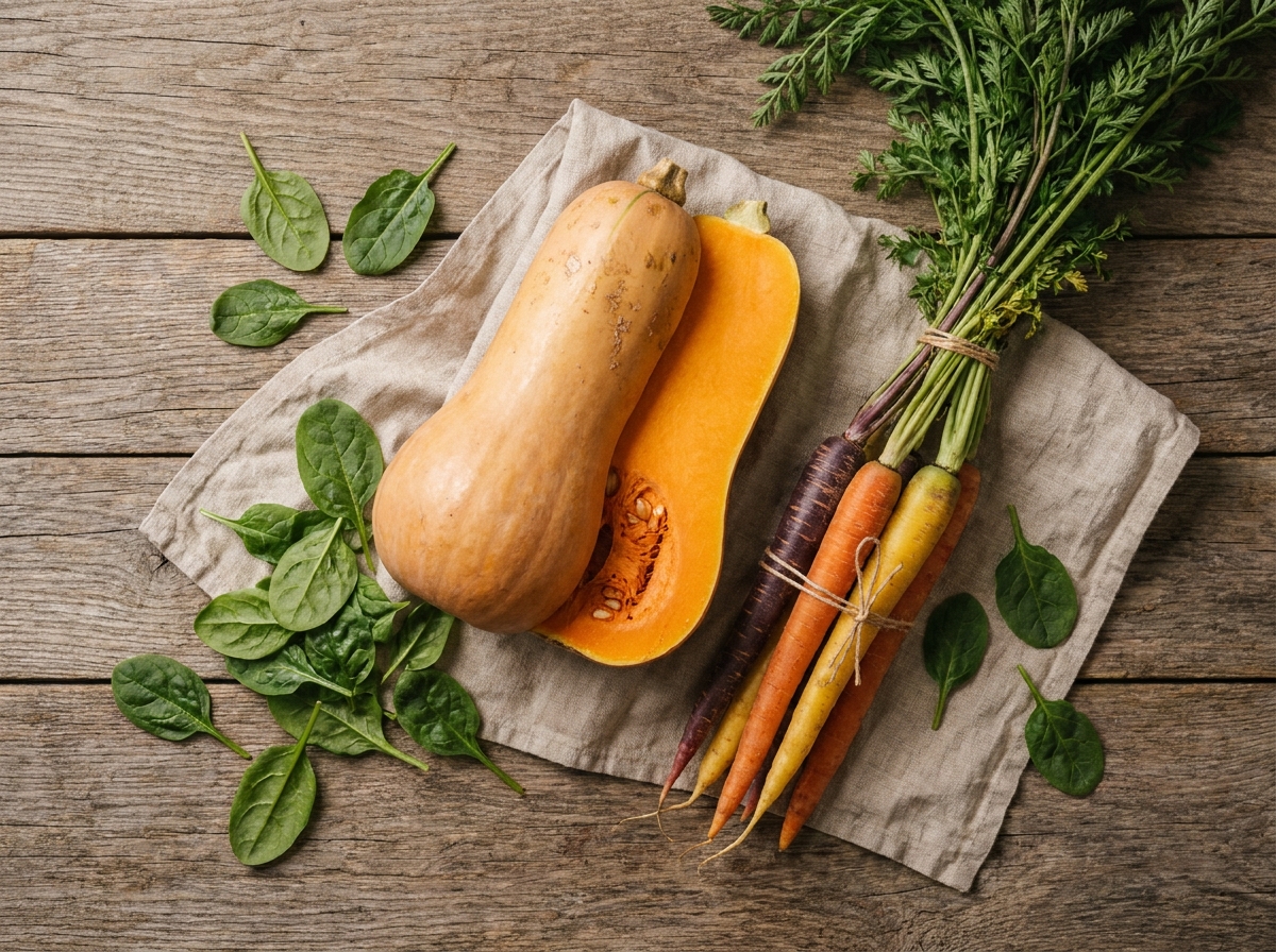 Courges butternut, carottes et épinards frais disposés en flat-lay sur une table en bois rustique pour illustrer une alimentation automnale bénéfique pour la rétine