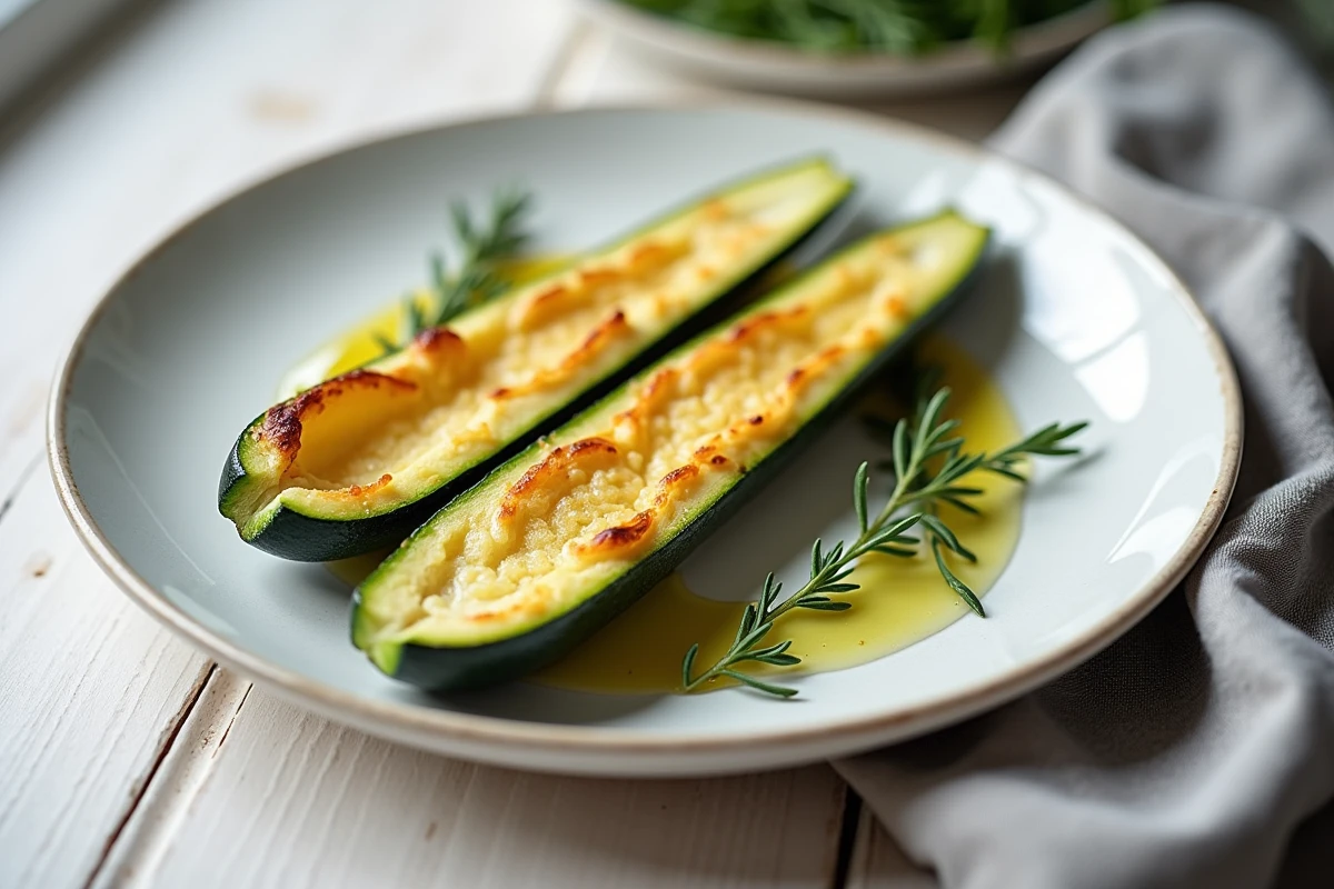 Gros plan sur une demi-courgette cuite au four, dorée et fondante, servie sur une assiette blanche avec du thym